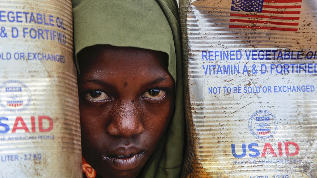 A Somali internally-displaced person (IDP) child looks out from her family's makeshift home in Maslah camp on the outski
